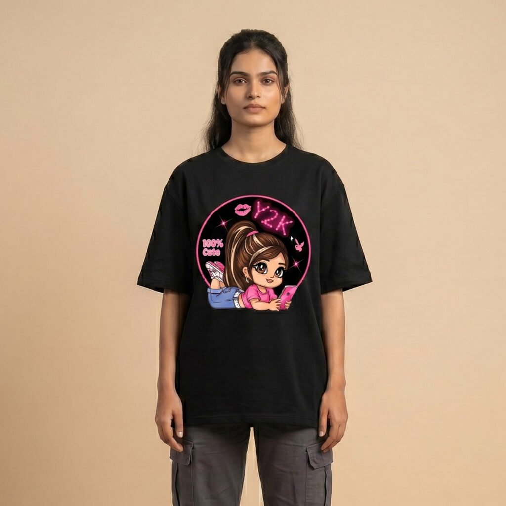 Y2K Cute Girl Oversized T-Shirt – Trendy Aesthetic 240 GSM Premium Cotton Tee