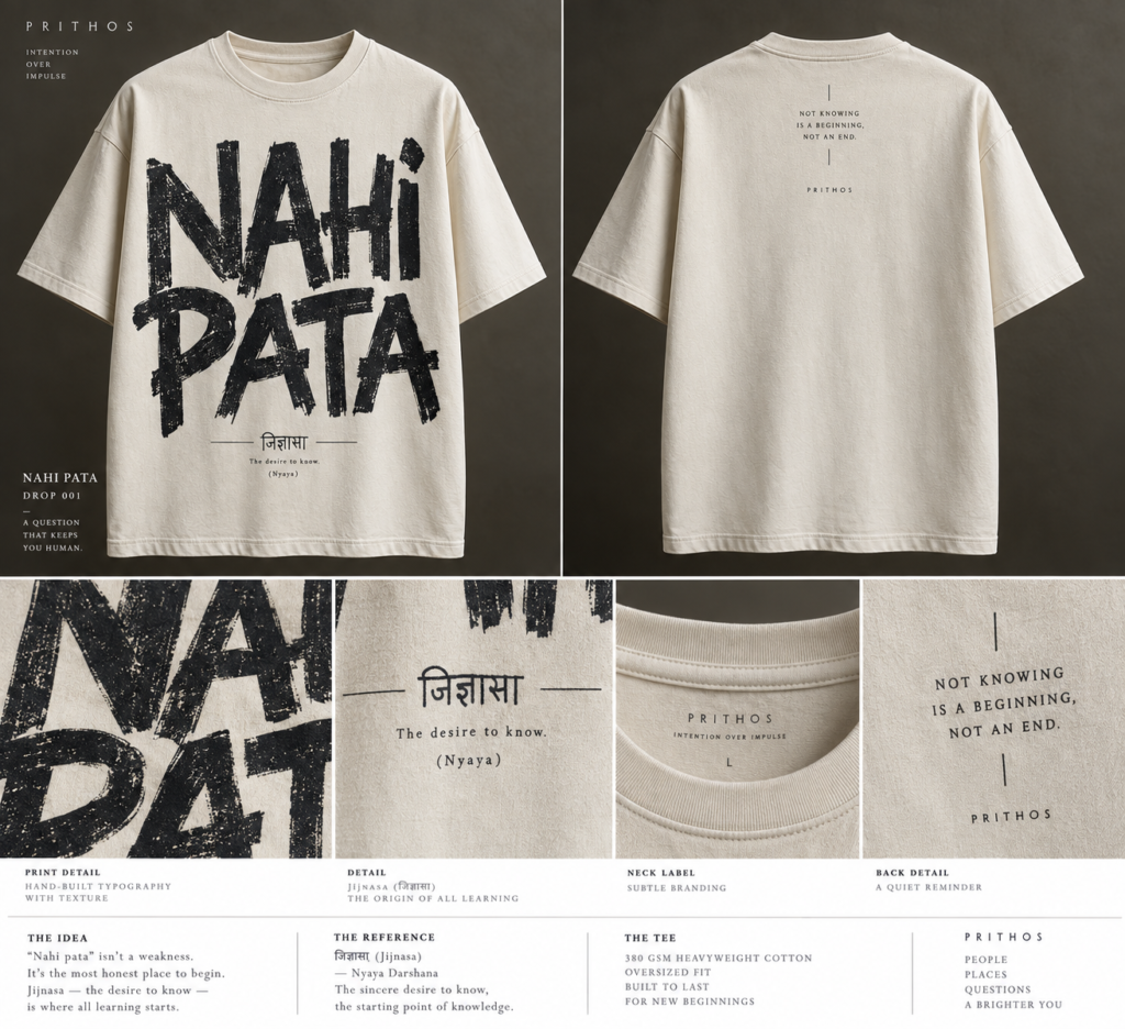 Front and back views of a cream t-shirt featuring bold black typography reading NAHI PATA on the front