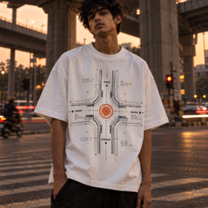 Man in a white Chauraaha oversized tee at a four-way crossing under a concrete flyover at dusk