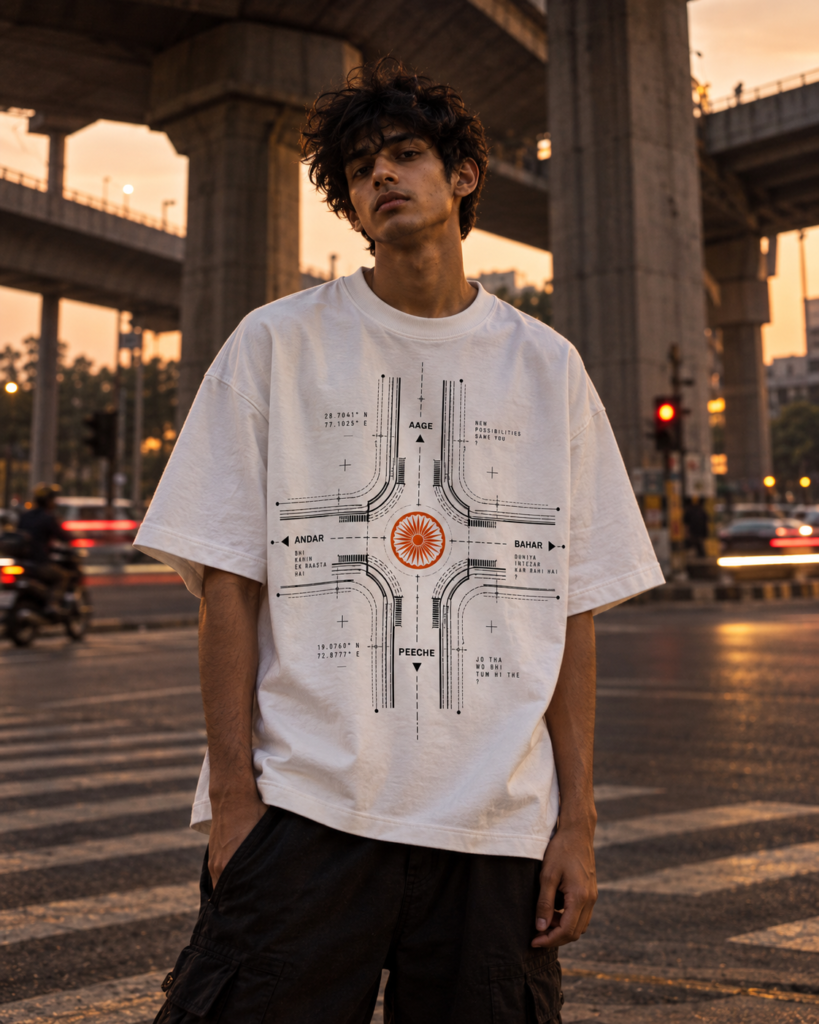 Man in a white Chauraaha oversized tee at a four-way crossing under a concrete flyover at dusk