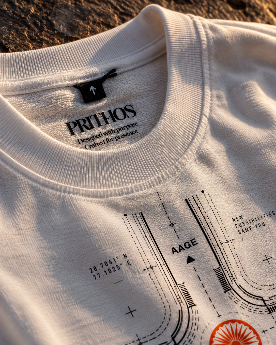 Chauraaha Oversized T-Shirt – 240 GSM White Premium Cotton French Terry Crossroads Technical Drawing Tee | Prithos - Image 2
