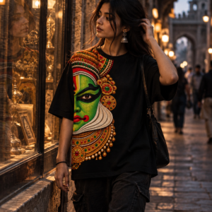 Woman in a black Chehra oversized tee in a stone archway at dusk with half her face in warm light