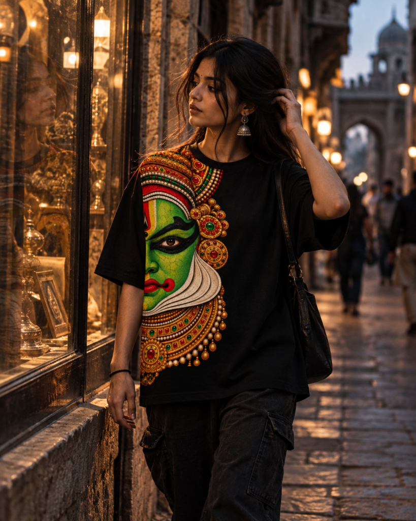 Woman in a black Chehra oversized tee in a stone archway at dusk with half her face in warm light