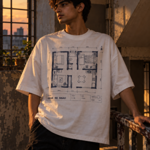 Man in a white Ghar Ke Baad oversized tee holding a worn stairwell railing, floor plan print on the chest