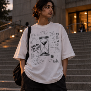 Woman in a white Matlab Kya Hai oversized tee standing on concrete steps outside a university building at dusk