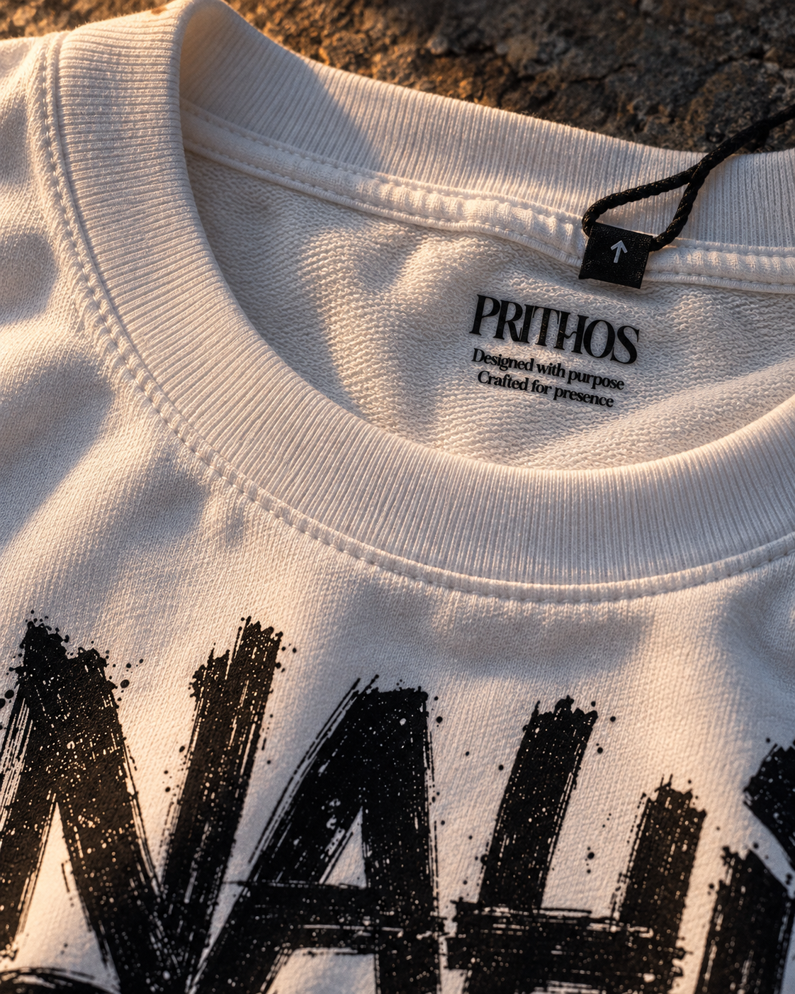Close-up of white 240 GSM French terry with ribbed collar and the edge of the Nahi Pata lettering