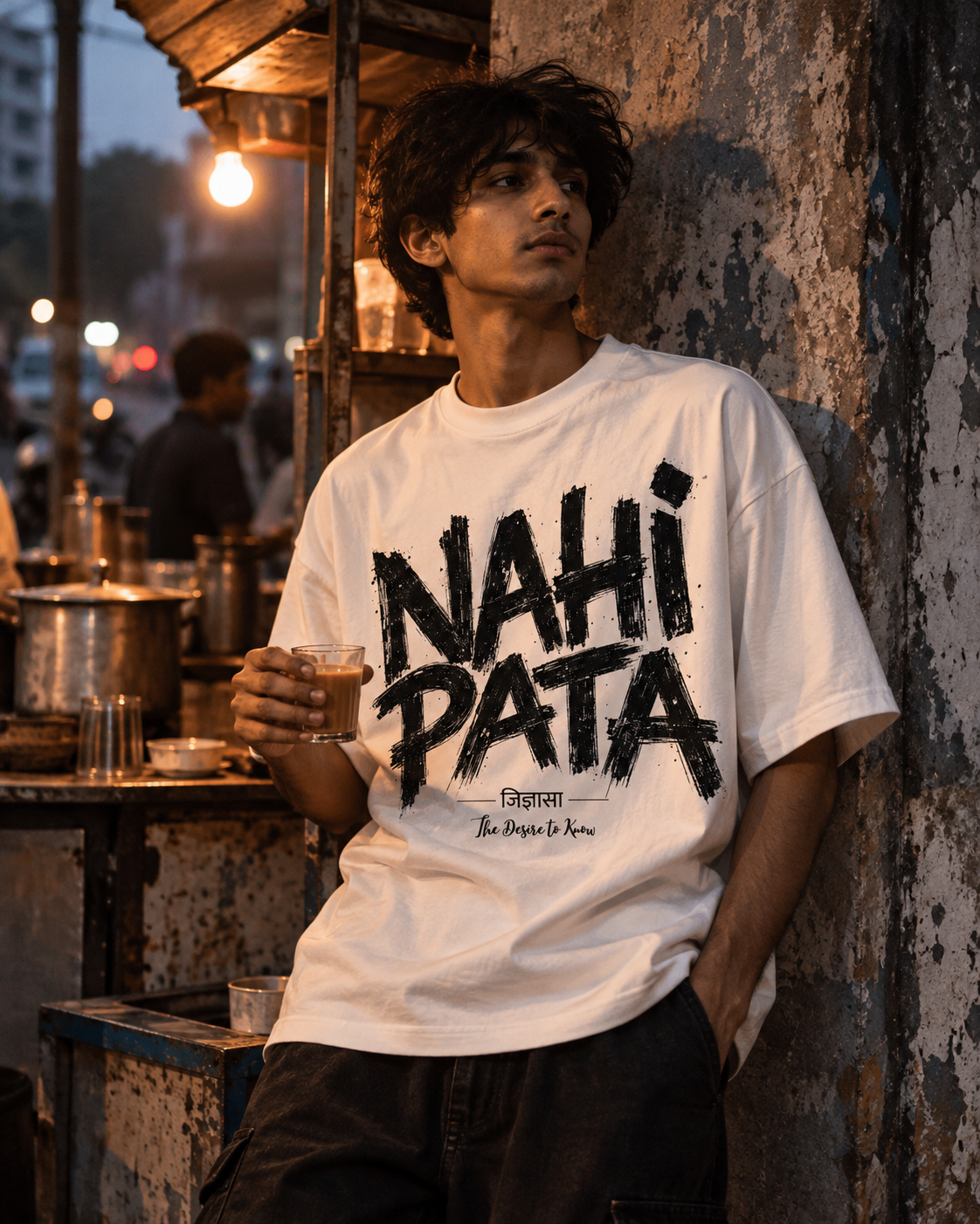 Nahi Pata white oversized tee, custom lettering