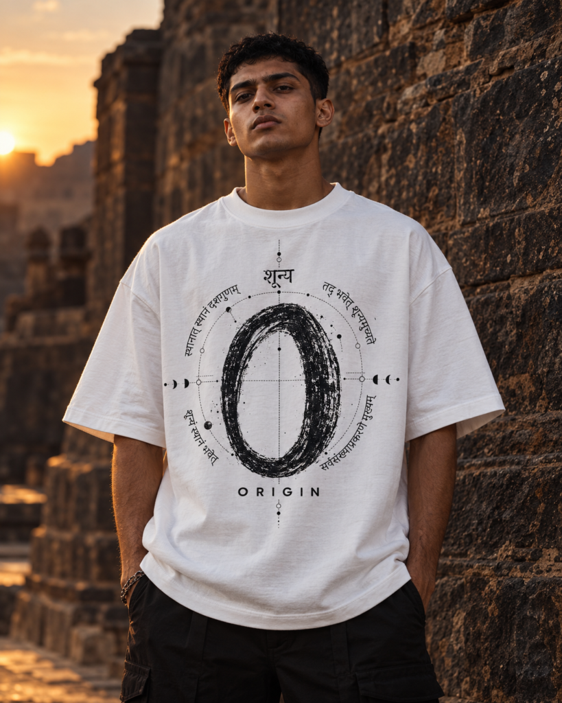 Young man wearing a white oversized t-shirt with a black brushstroke zero graphic, Sanskrit text, and the word ORIGIN